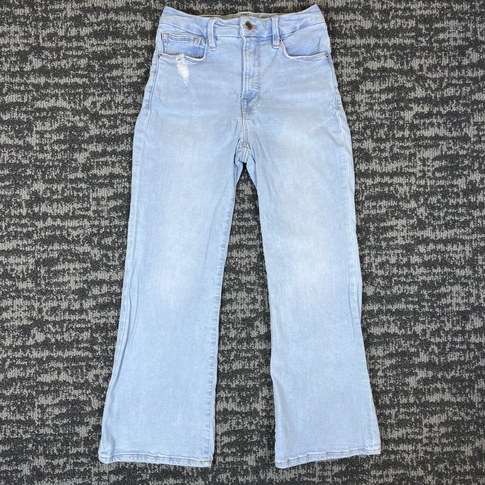 Good American Flare Jeans Womens 4/27 Light Blue Distressed High Rise Stretch